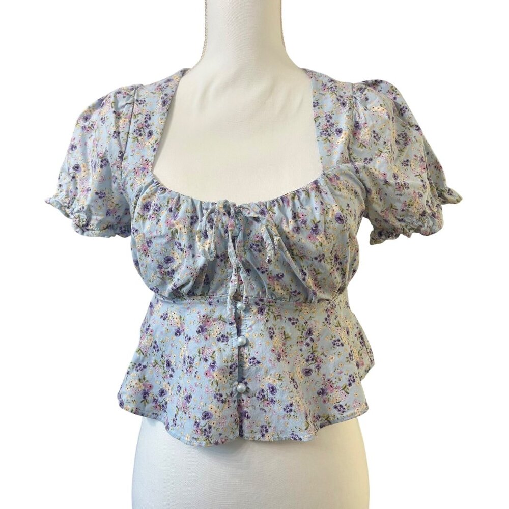Floral Bohemian Puff Sleeve Fairy Cottage Cropped Coquette Blouse Junior L